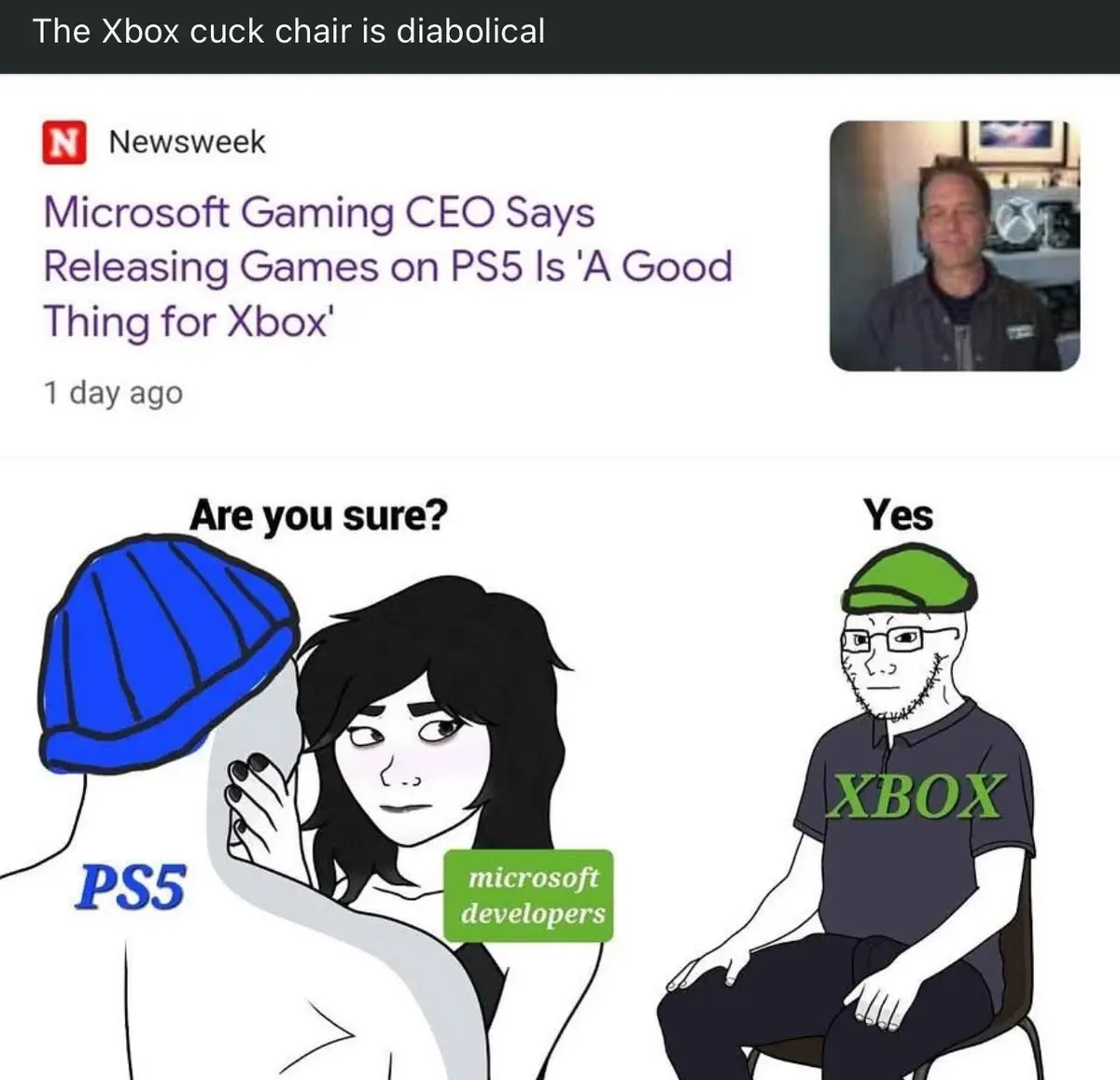 The image shows a Newsweek article headline about Microsoft Gaming CEO saying releasing games on PS5 is good for Xbox…