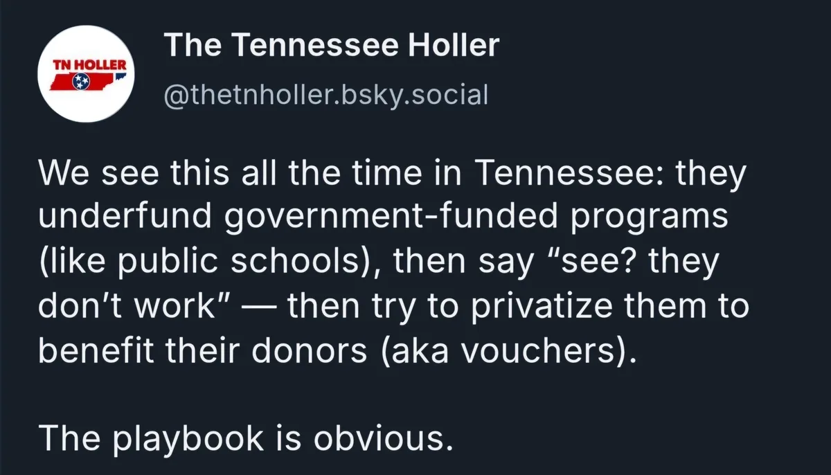 A screenshot of a social media post from 'The Tennessee Holler' account, featuring white text on a dark background. The post…