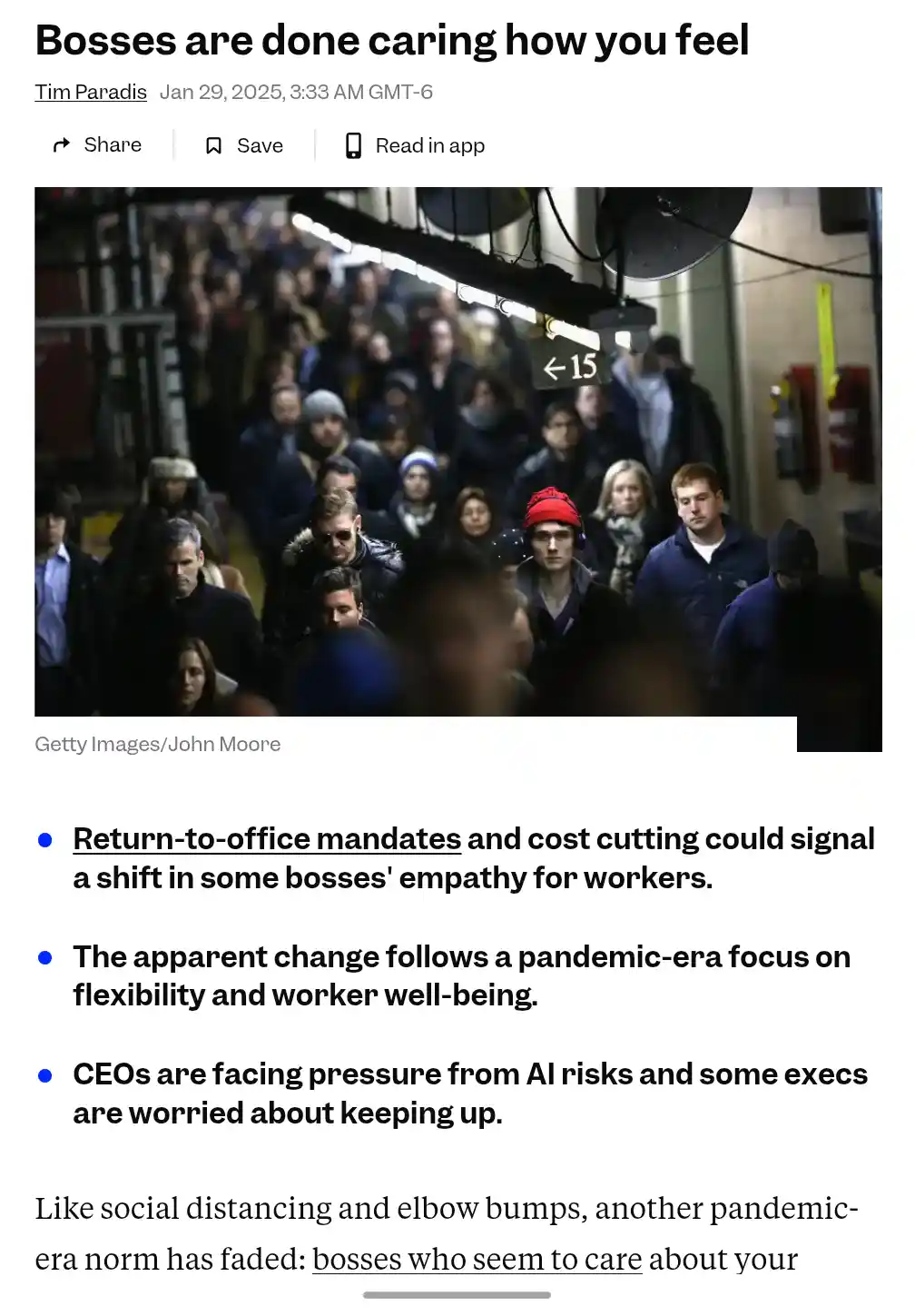 A crowded, dimly lit subway platform with people in winter clothing, some looking tired or stressed, overlaid with the text…