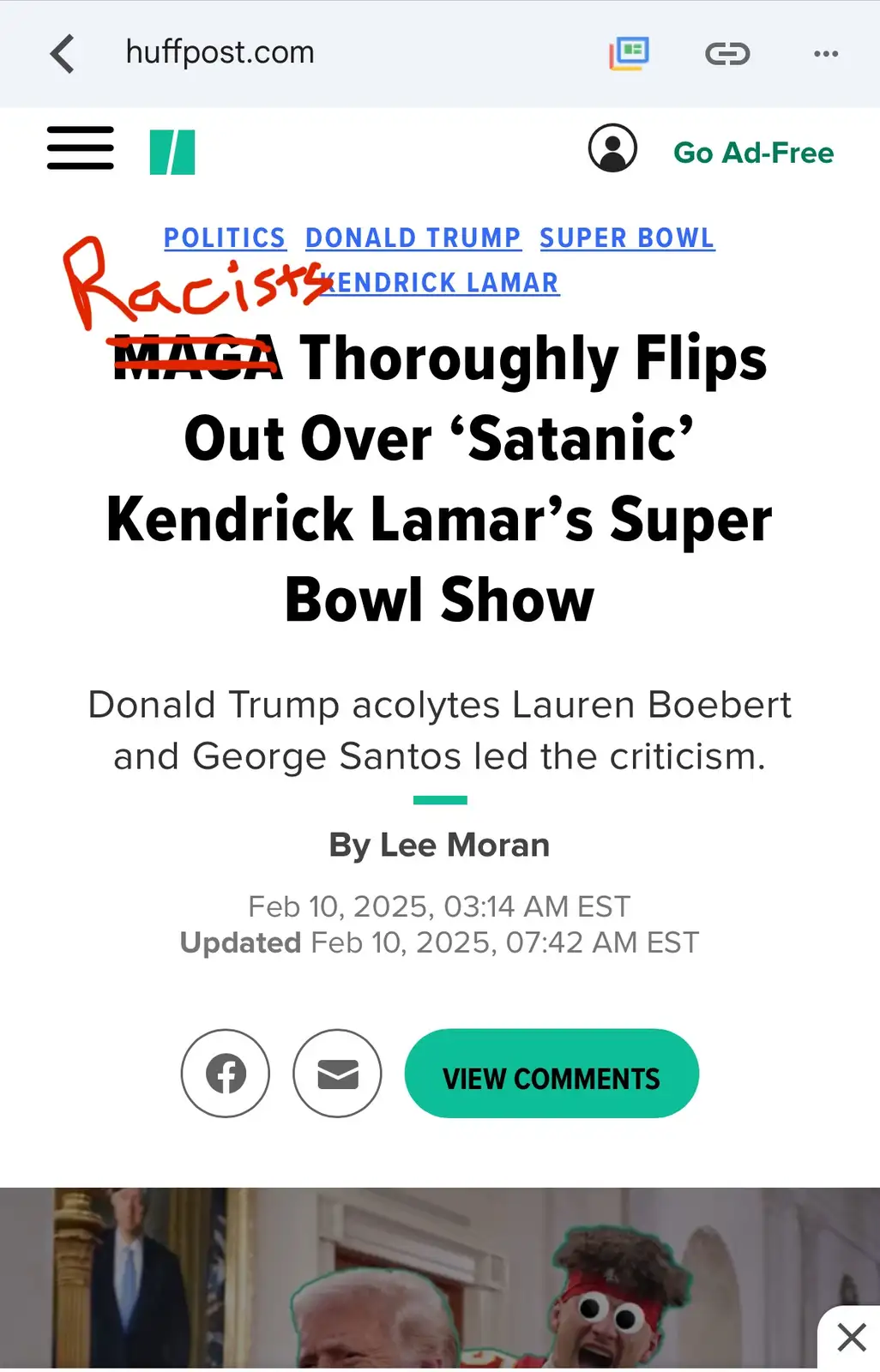A screenshot of a HuffPost article headline with 'Racists' written in red marker over 'MAGA' and 'Kendrick Lamar' in the…