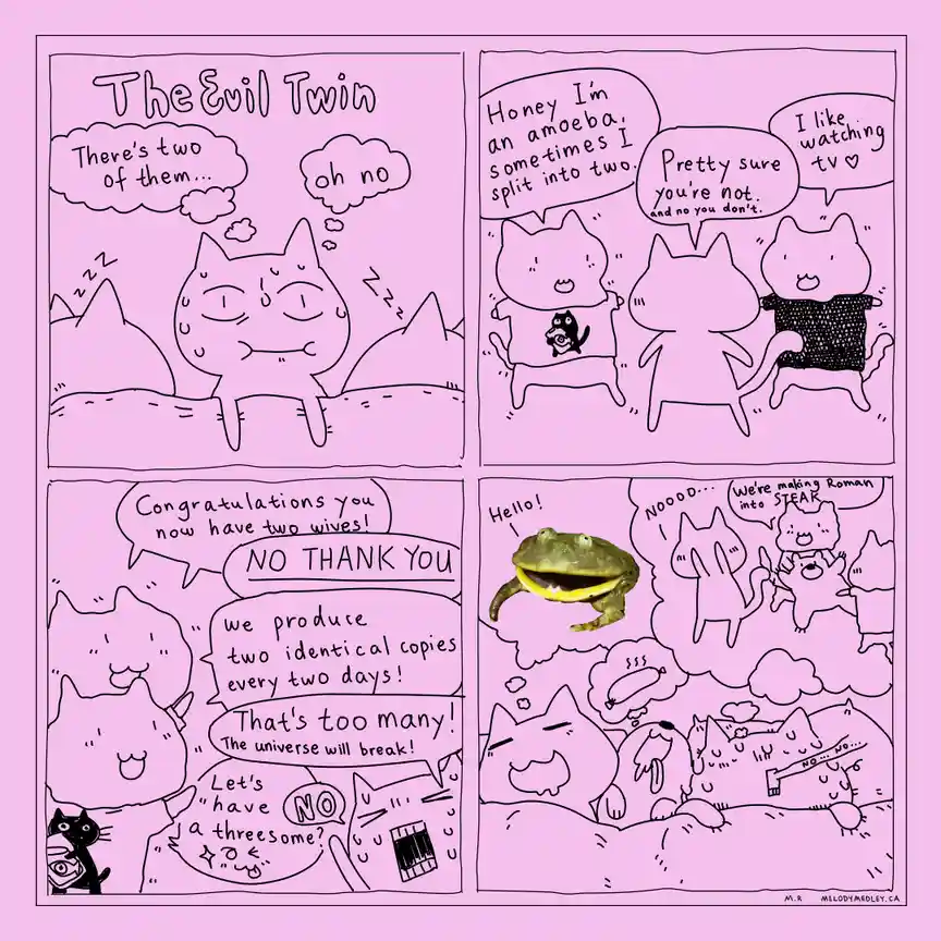A four-panel comic strip with pink backgrounds and simple black line art of cartoon cats. The first panel shows a cat waking…