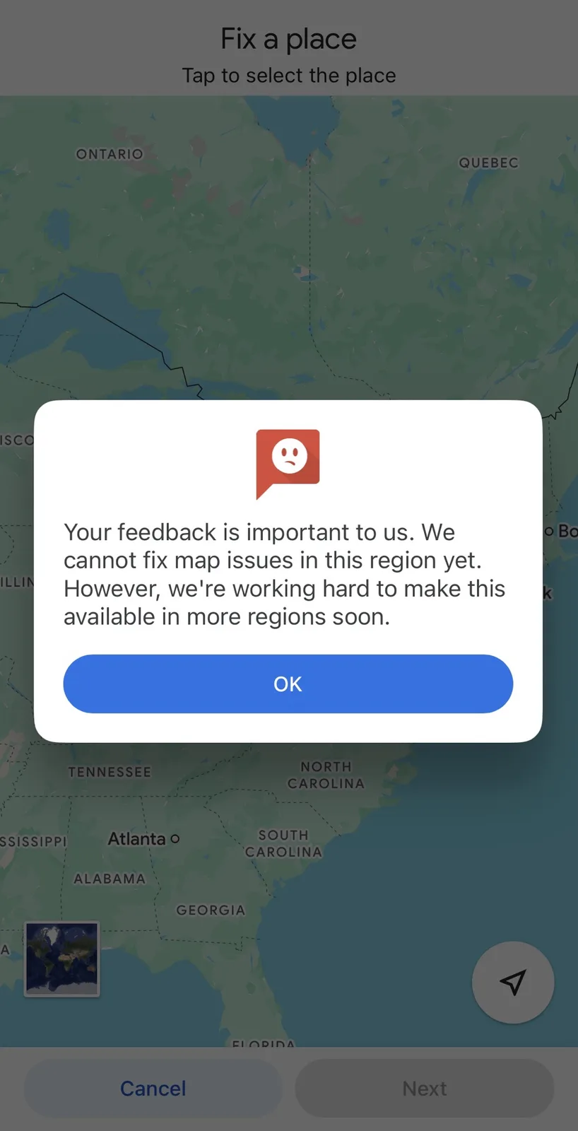 A screenshot of a map app interface showing a pop-up message with a sad face icon. The message says 'Your feedback is…