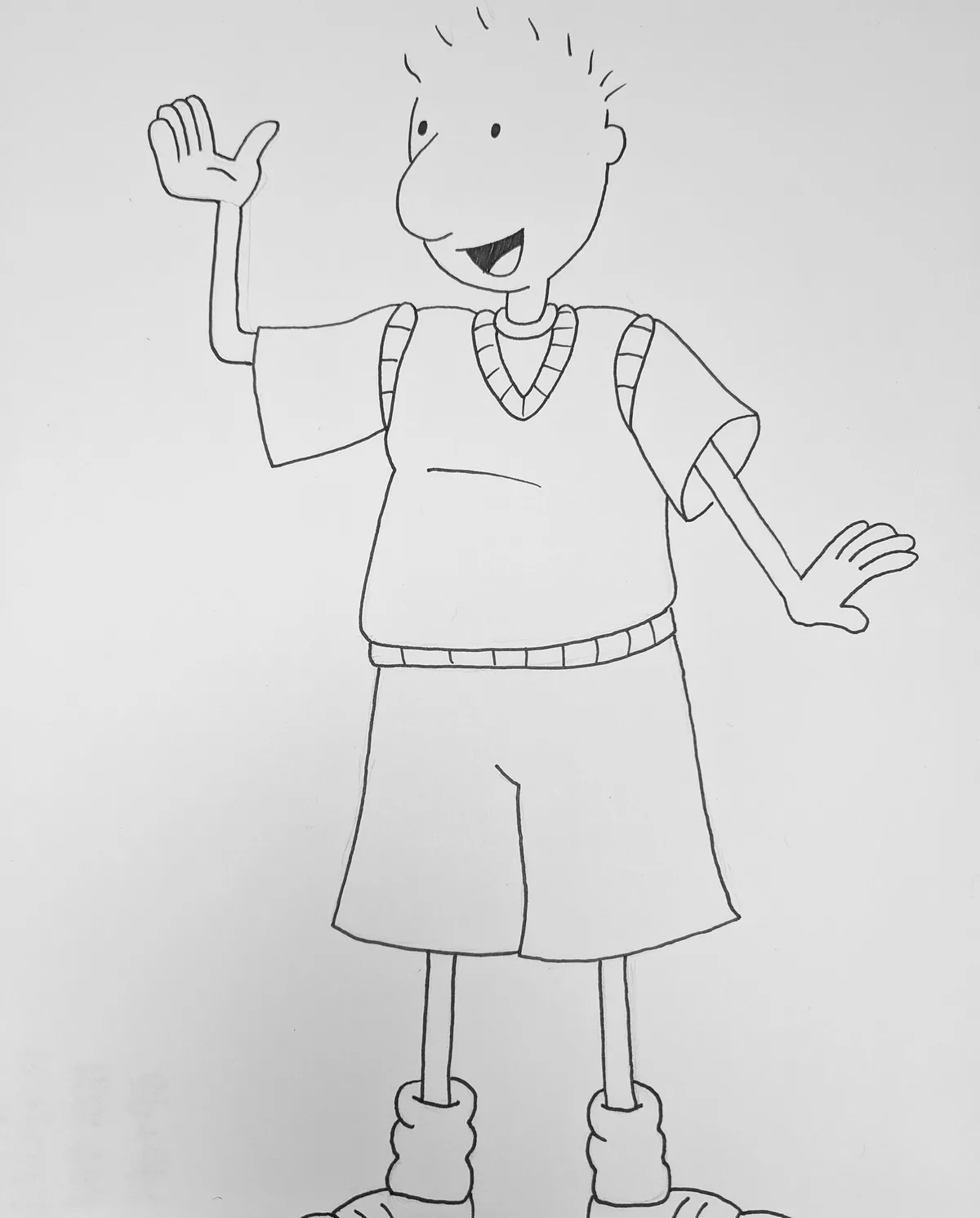 A black-and-white line drawing of a cartoon boy with spiky hair, wearing a V-neck sweater vest over a t-shirt, shorts, and…