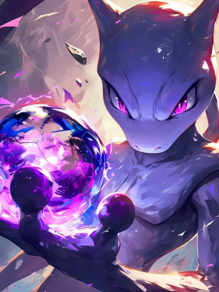 A close-up anime-style illustration of the Pokémon Mewtwo, depicted with a dark purple and blue color scheme, intense…
