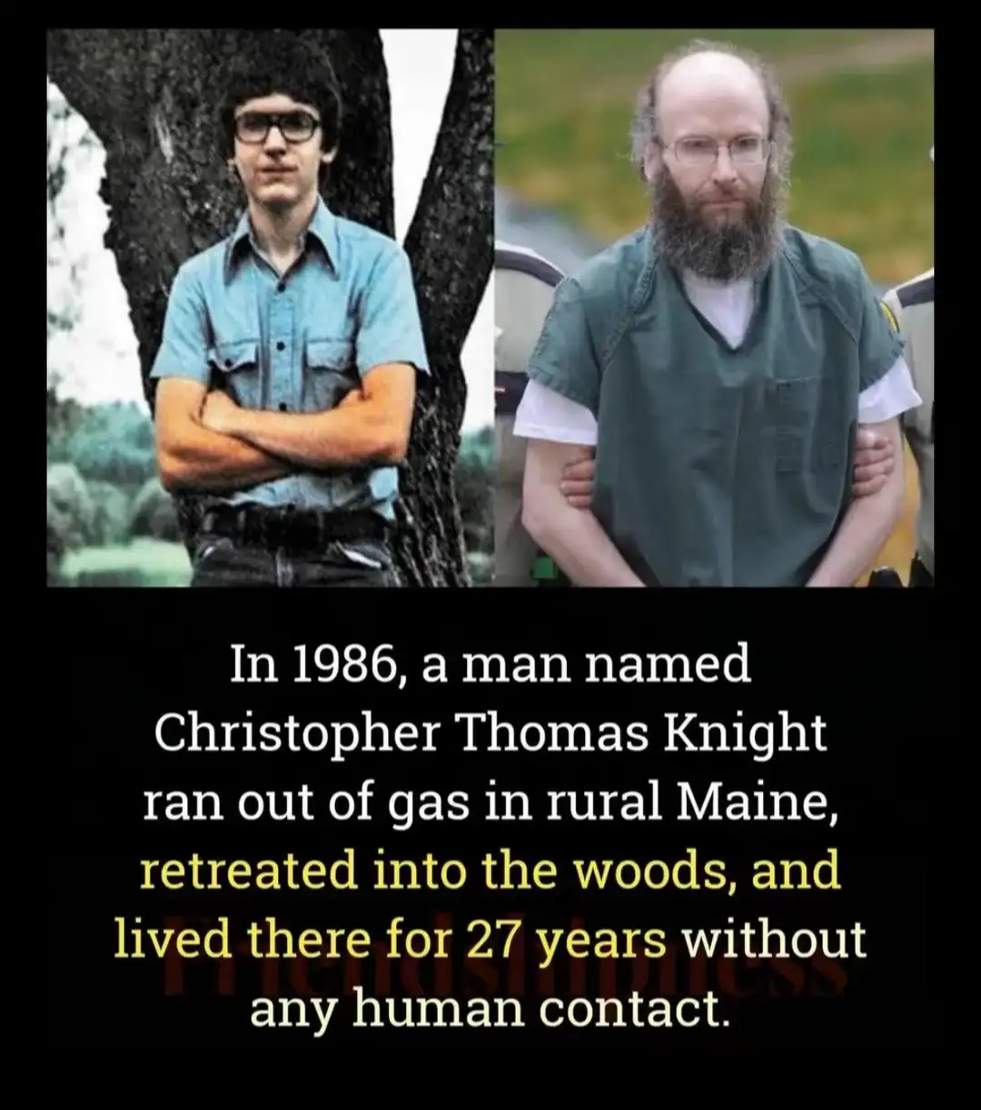 The image displays two side-by-side photos of the same man: a younger version in a blue shirt standing by a tree, and an…