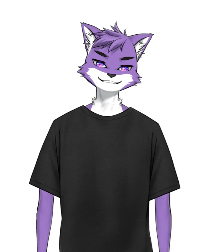 A purple-furred anthropomorphic cat with glowing purple eyes and a smug grin wears a plain black t-shirt against a black…