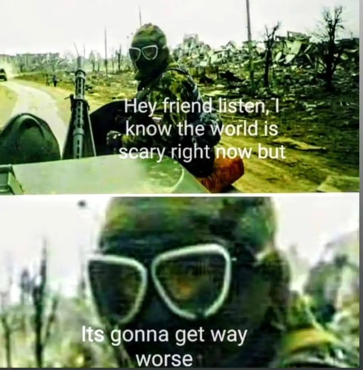 The image is split into two panels. The top panel shows a soldier in camouflage gear and white-framed goggles, sitting in a…