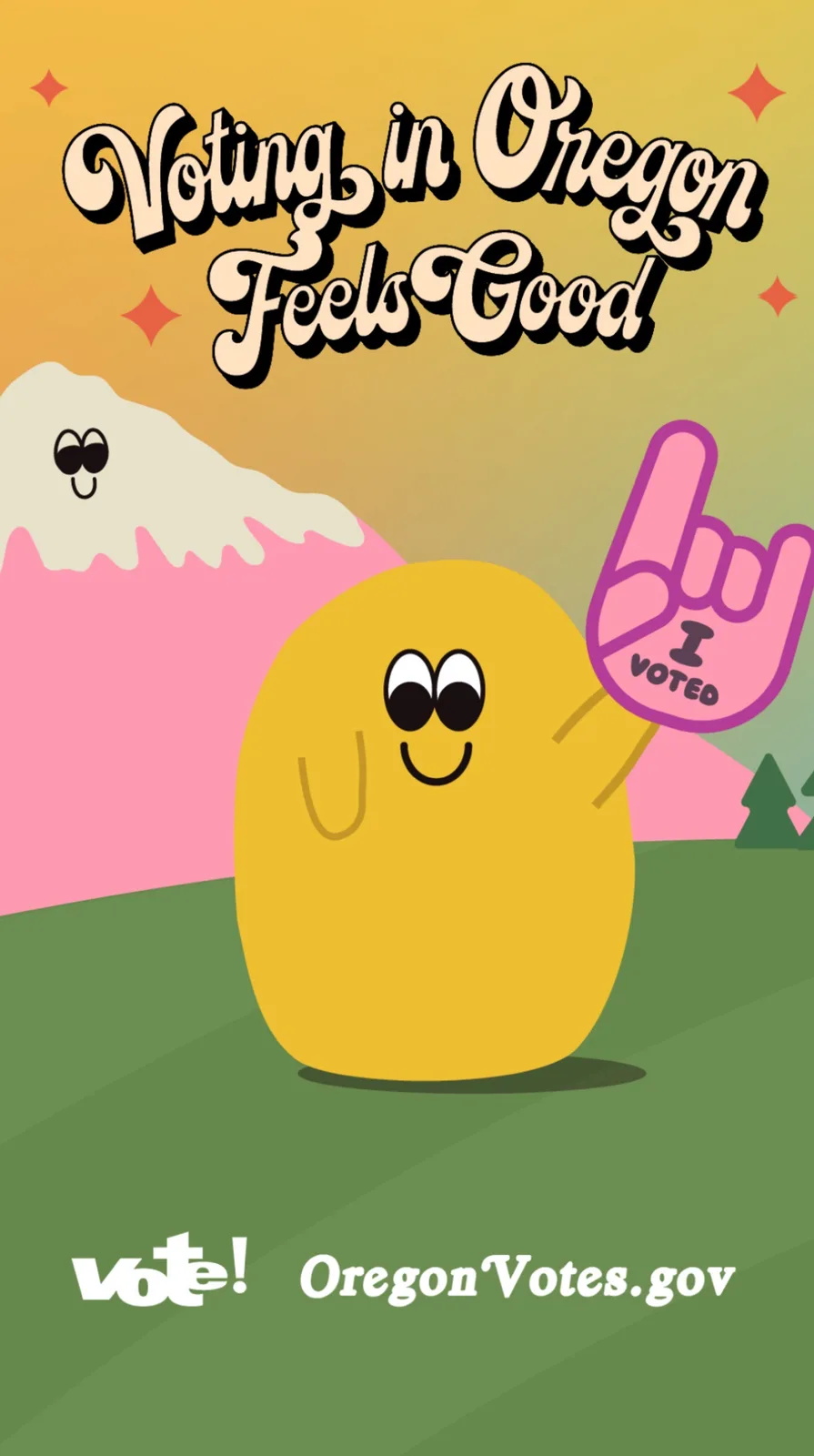 A cheerful yellow cartoon character with a smiling face holds up a pink 'I VOTED' foam finger. Behind it is a stylized pink…