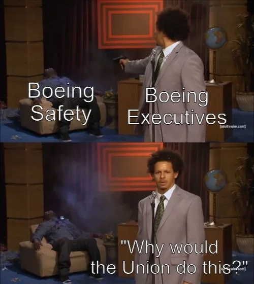 Two-panel image from a comedy sketch. Top panel shows a man in a suit pointing a gun at another man seated in a chair, with…