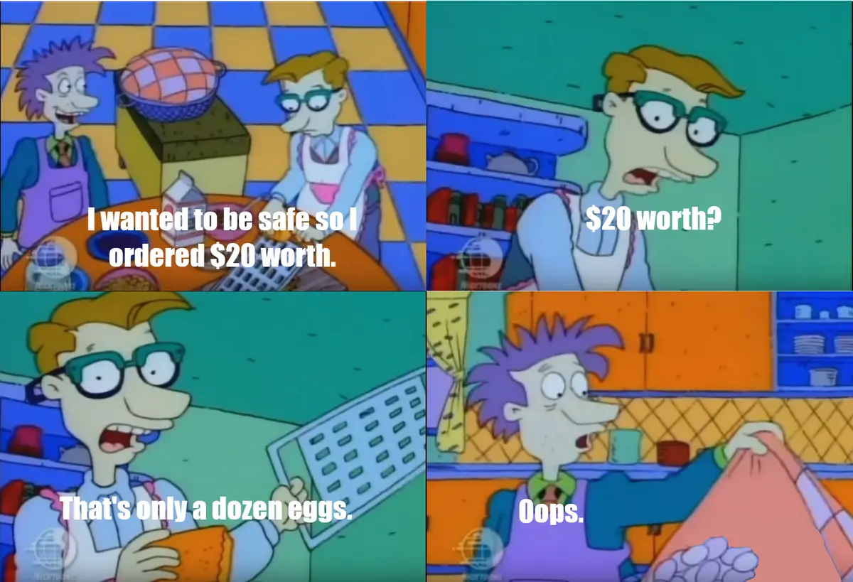 A four-panel cartoon meme from 'The Rugrats' featuring two characters in a kitchen. The first panel shows one character…