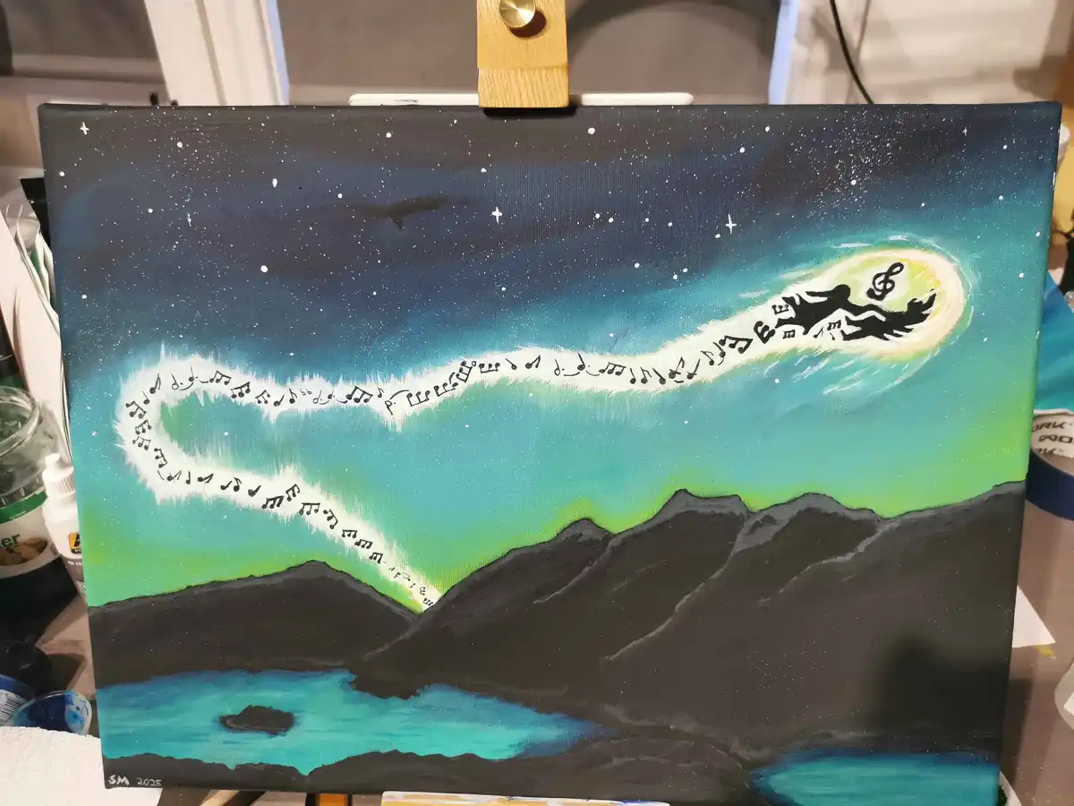 A hand-painted canvas depicts a starry night sky over dark mountains and teal water, with a glowing green and blue aurora…