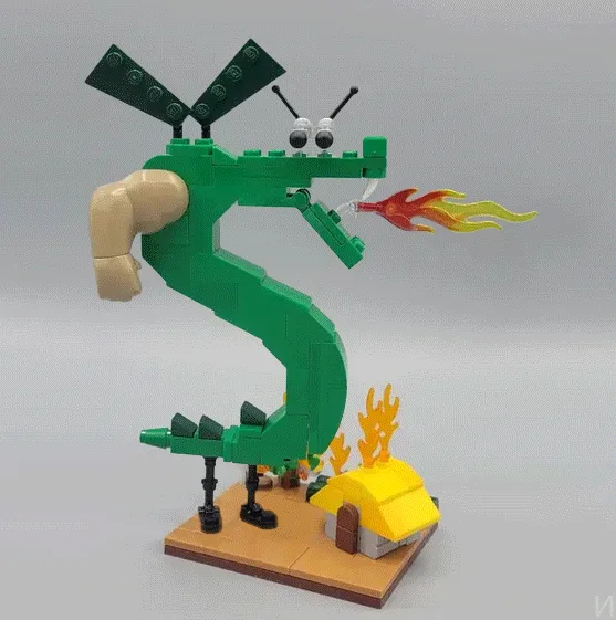 A composite image shows a green LEGO dragon shaped like the letter 'S' breathing fire, with a cartoon version of the same…