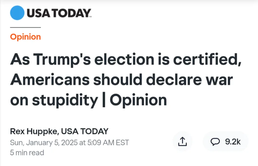 A screenshot of a USA TODAY opinion article by Rex Huppke dated January 5, 2025, with the headline 'As Trump's election is…