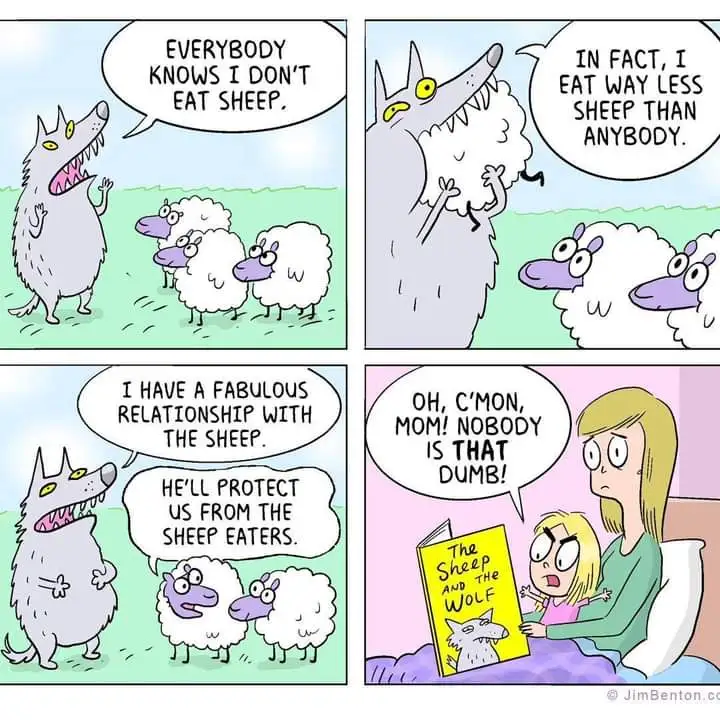 A four-panel comic strip featuring a cartoon wolf and sheep. In the first panel, the wolf claims to not eat sheep. In the…