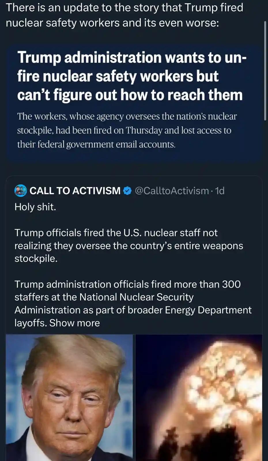 The image displays a screenshot of a news article and tweet about the Trump administration firing nuclear safety workers…