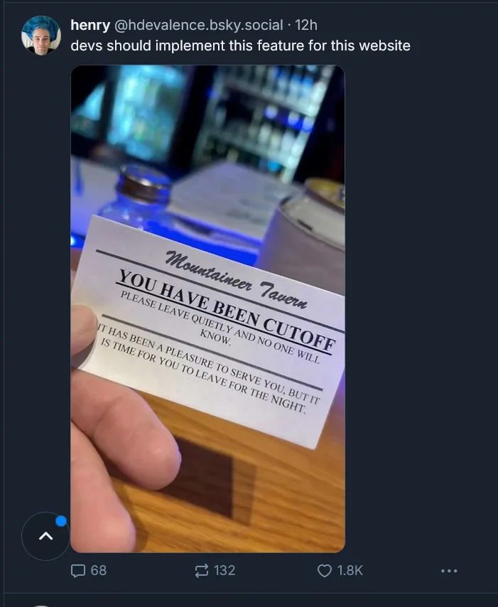A hand holds a white card from 'Mountaineer Tavern' that reads 'YOU HAVE BEEN CUTOFF' in bold, underlined text, followed by…