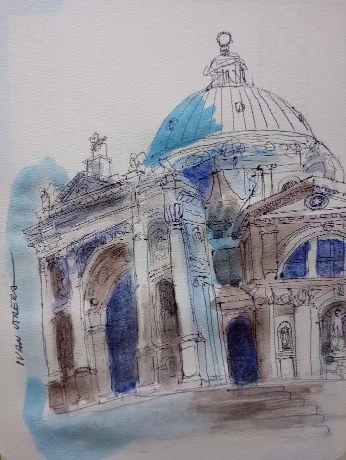 A watercolor sketch of a grand, ornate building with a large central dome, rendered in blue and brown ink on textured paper…
