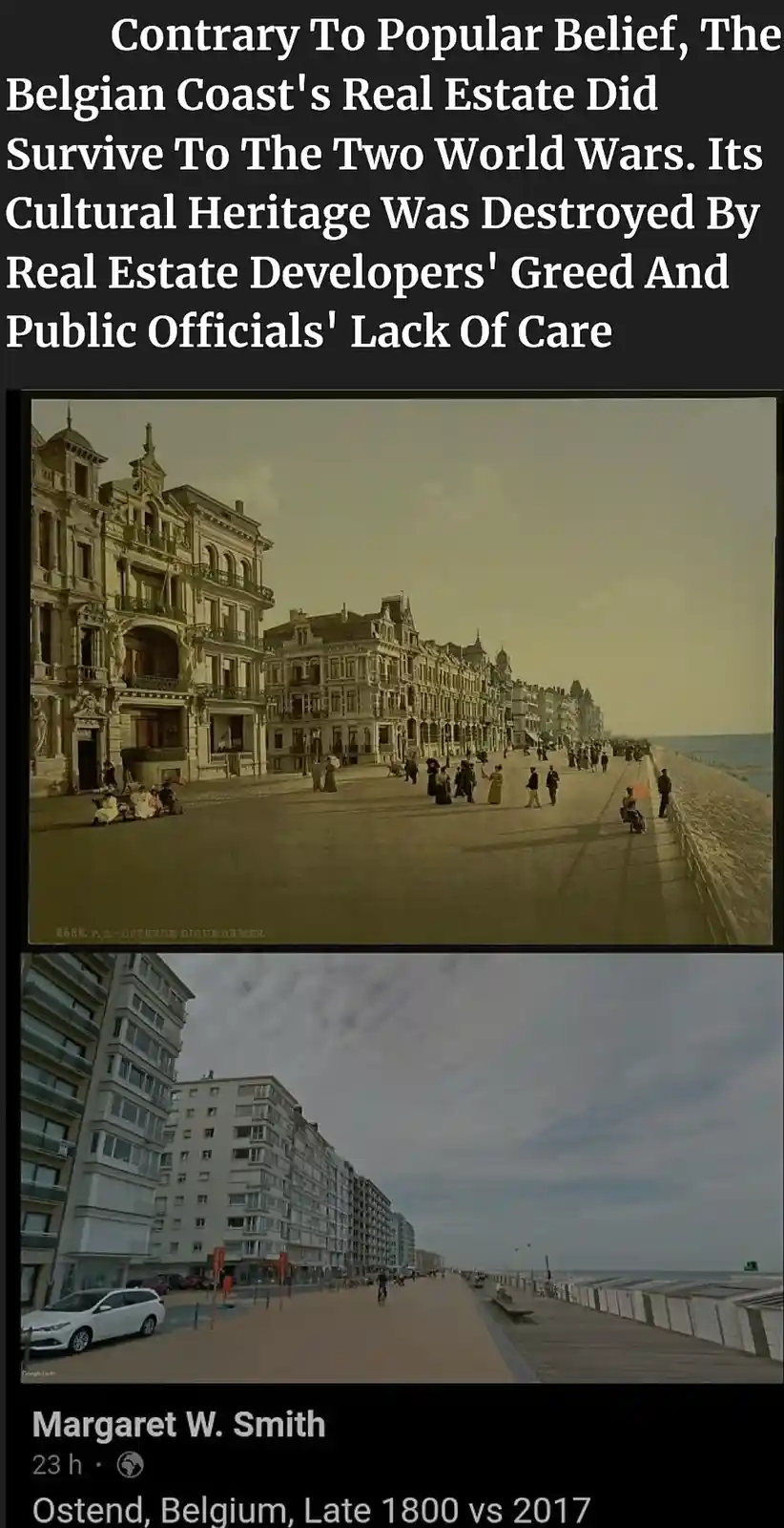 The image displays two photos of Ostend, Belgium's seaside promenade: the top shows ornate 19th-century architecture from…