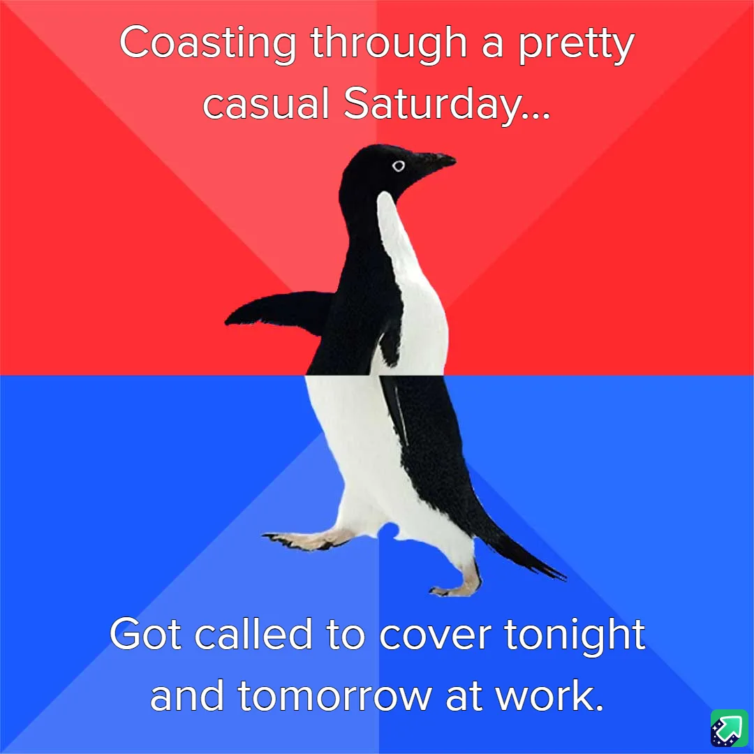 A penguin is split vertically across a red and blue background, with text above reading 'Coasting through a pretty casual…