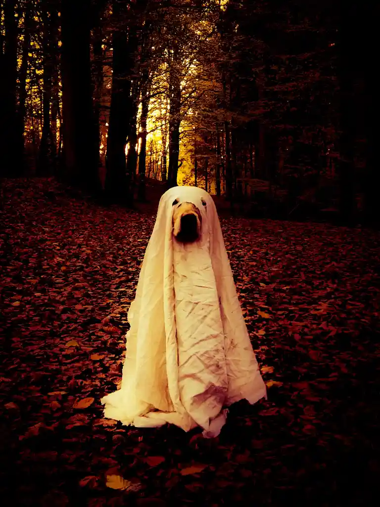 A dog, likely a golden retriever, is draped in a white sheet to resemble a ghost, standing in a dark forest with autumn…