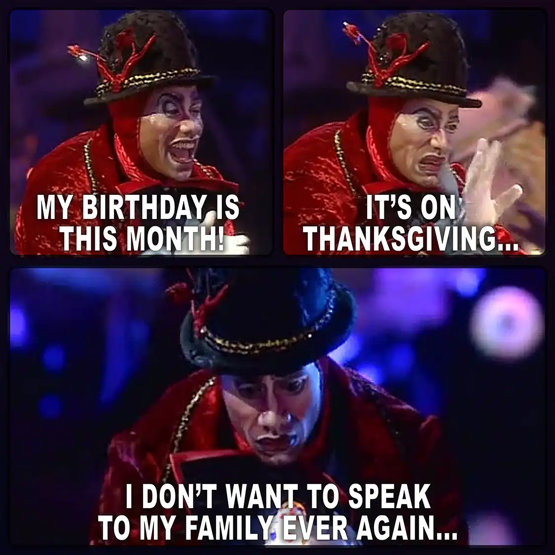 A three-panel meme featuring a man in a red costume and black hat with red antler-like decorations, showing escalating…