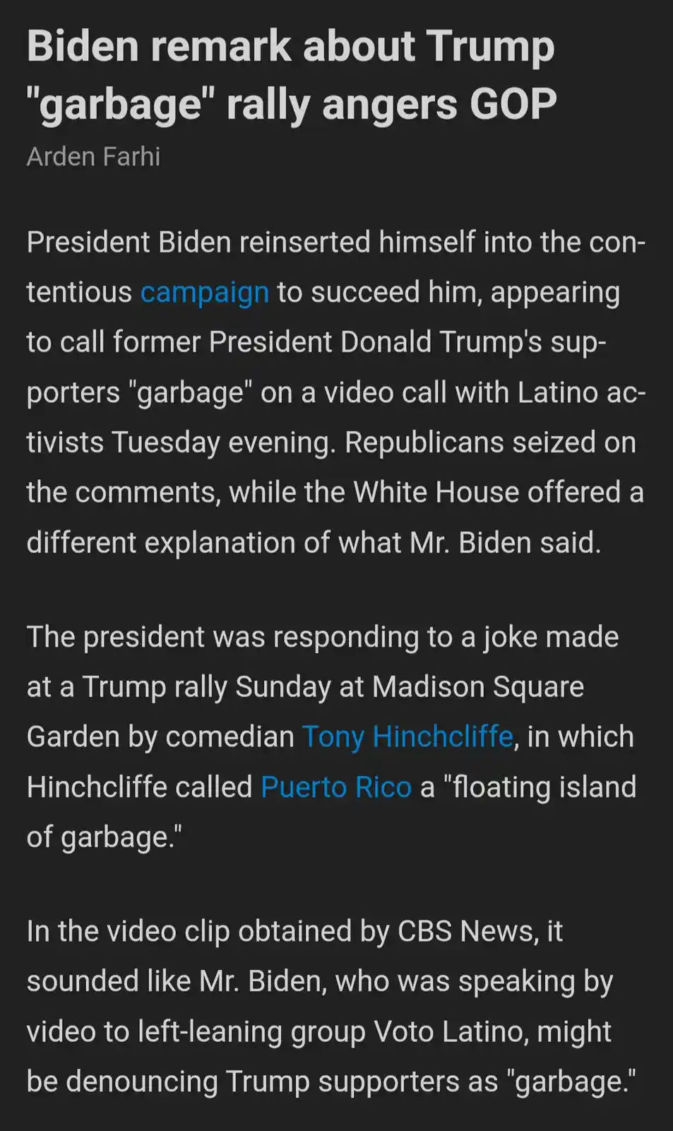A screenshot of a news article with a dark background and white text, detailing how President Biden's remark calling Trump…