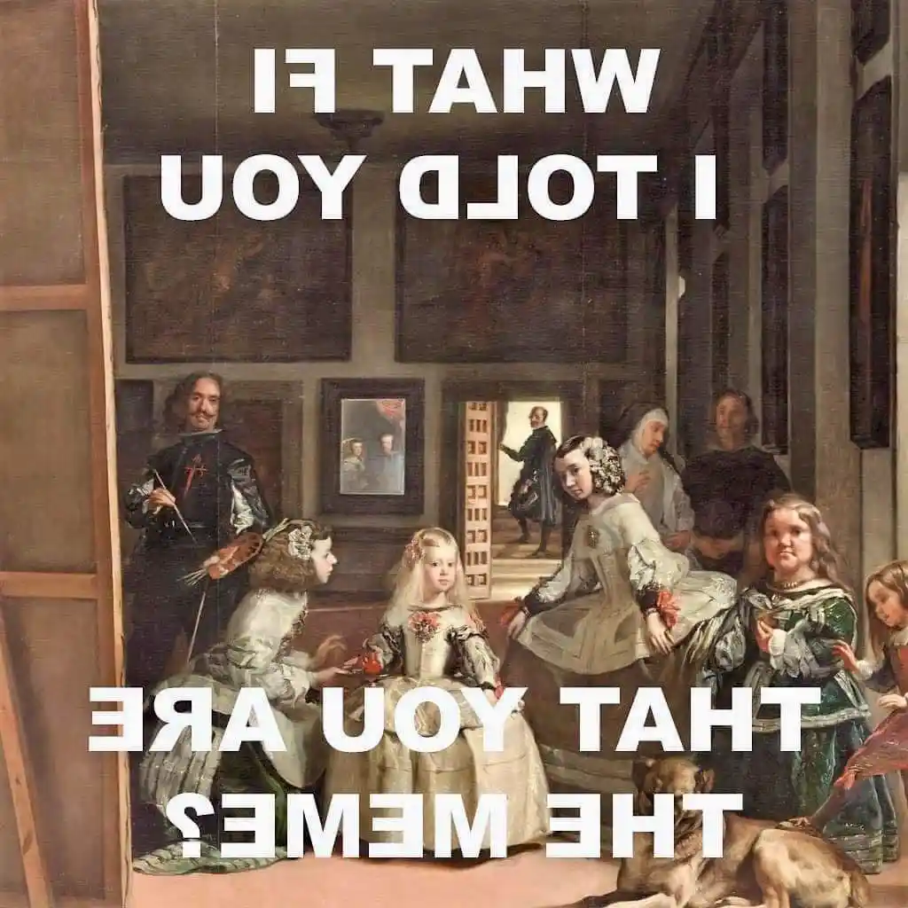 A classical painting depicts a group of people in period clothing, including a man holding a paintbrush and a ladder…