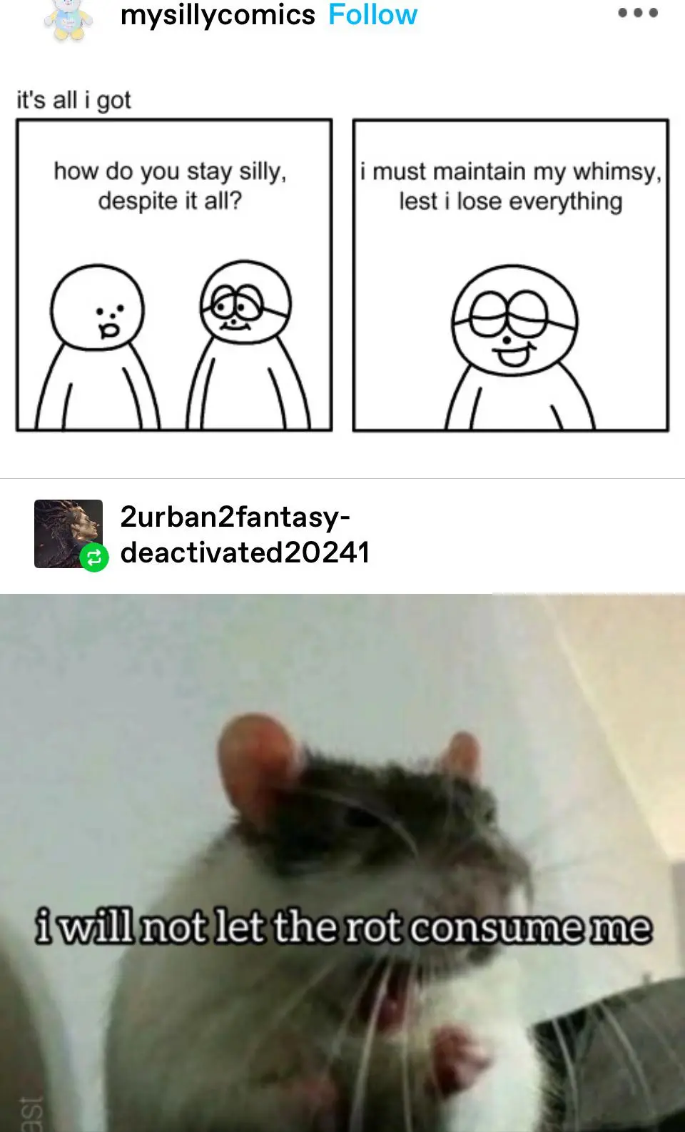 The image is a two-panel comic featuring stick figures. In the first panel, one figure asks the other, 'how do you stay…