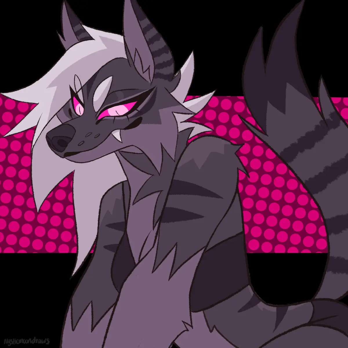 An anime-style anthropomorphic wolf with gray and white fur, pink eyes, and pointed ears, smirking with a confident…