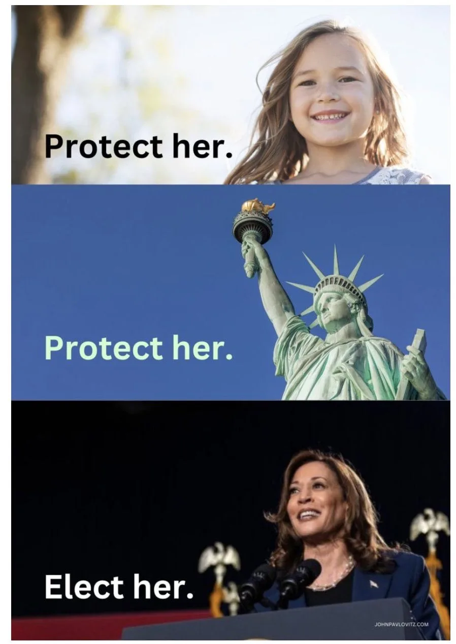 The image is a three-panel meme. The top panel shows a smiling young girl with the text 'Protect her.' The middle panel…