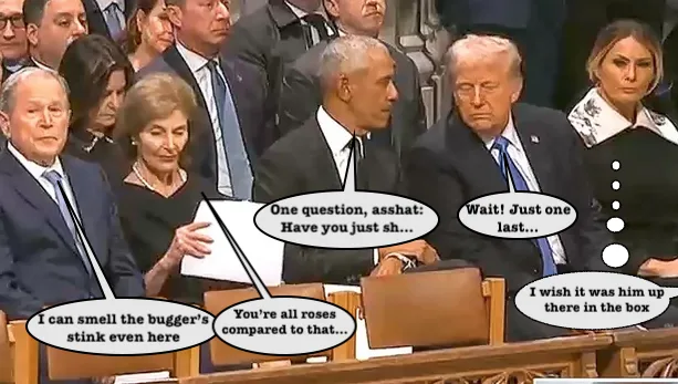 A still from a formal event shows several people seated, including Barack Obama and Donald Trump. Overlaid speech bubbles…
