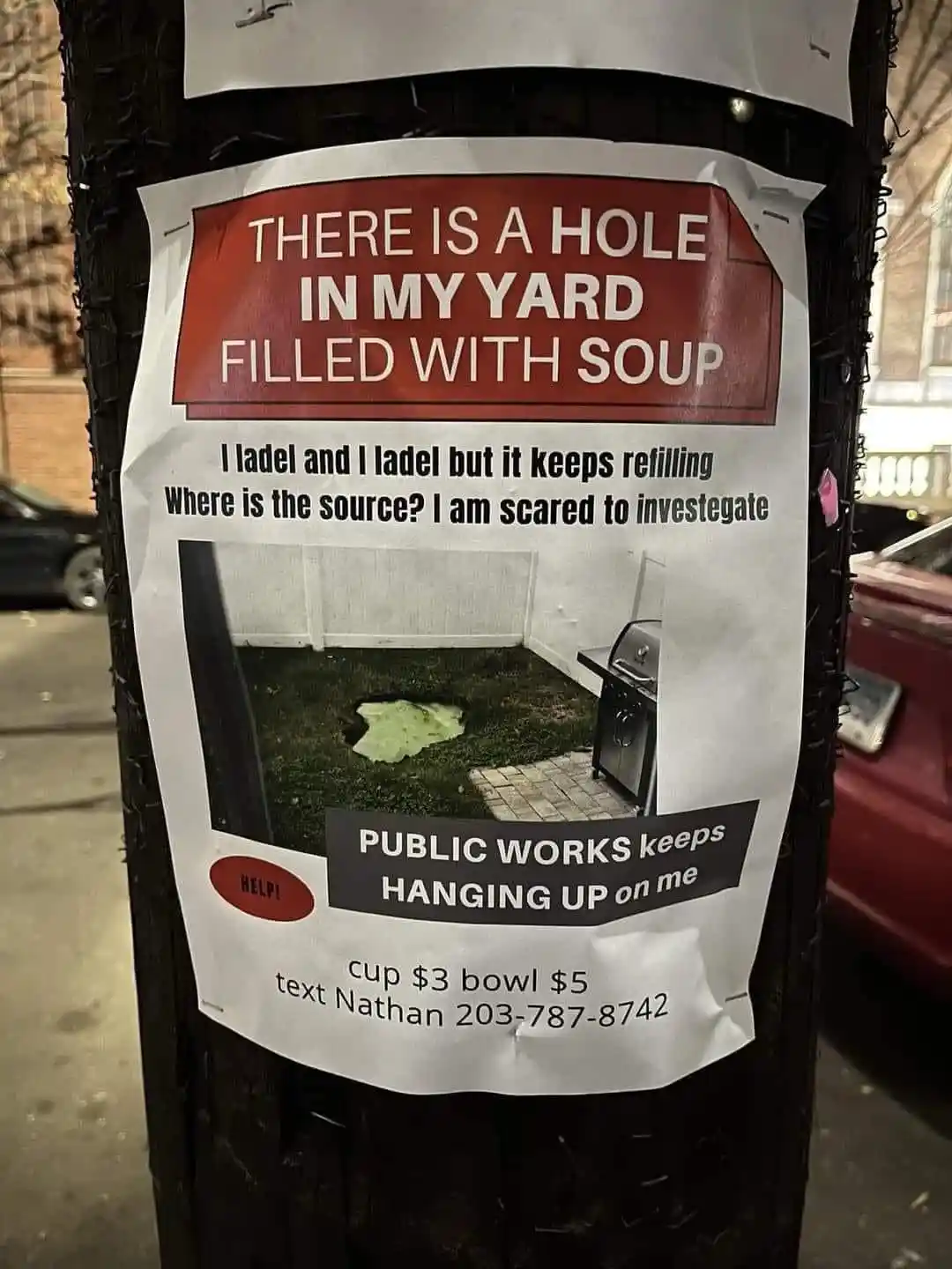 A flyer taped to a pole shows a photo of a backyard hole filled with greenish liquid. The text claims there's a hole in the…
