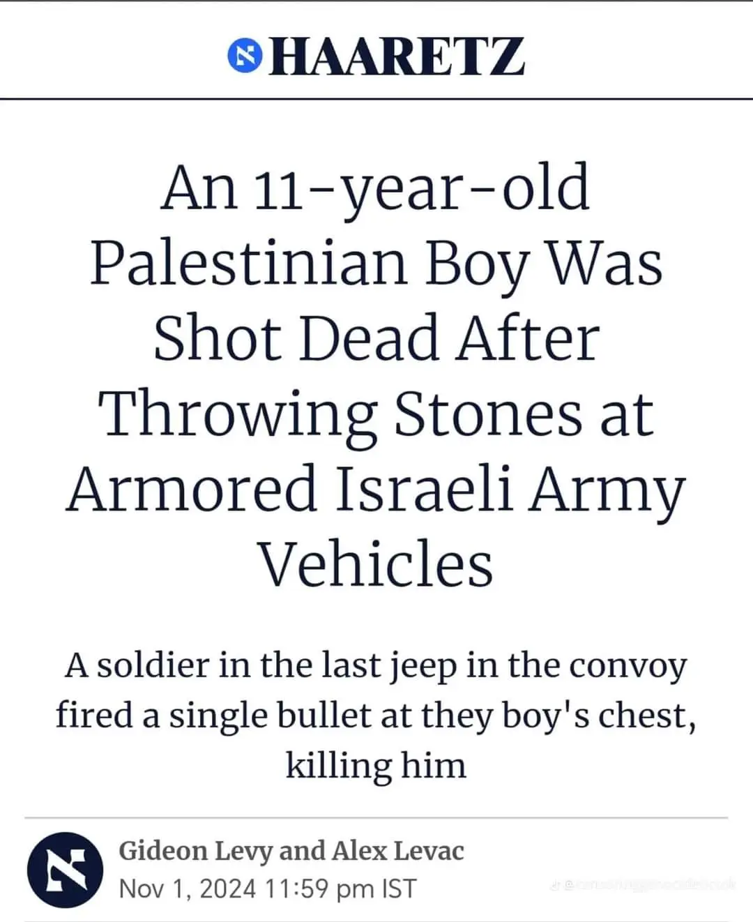The image displays a screenshot of a Haaretz news article with a headline stating an 11-year-old Palestinian boy was shot…
