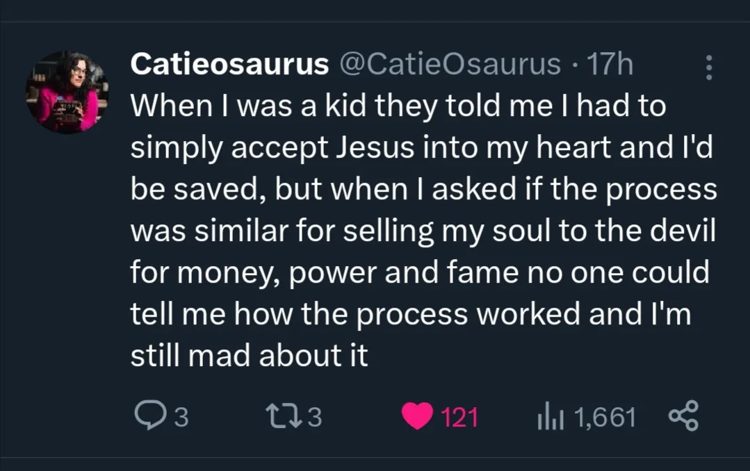 A screenshot of a tweet from user Catieosaurus showing a humorous complaint about not being given clear instructions on how…