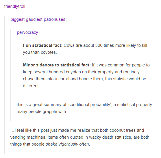 A screenshot of a Reddit post by user 'friendlytroll' discussing a 'fun statistical fact' that cows are 300 times more…