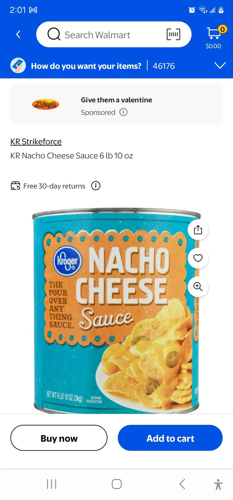 A screenshot of a Walmart mobile app product page for a Kroger brand nacho cheese sauce can, which is unusually large at 6…