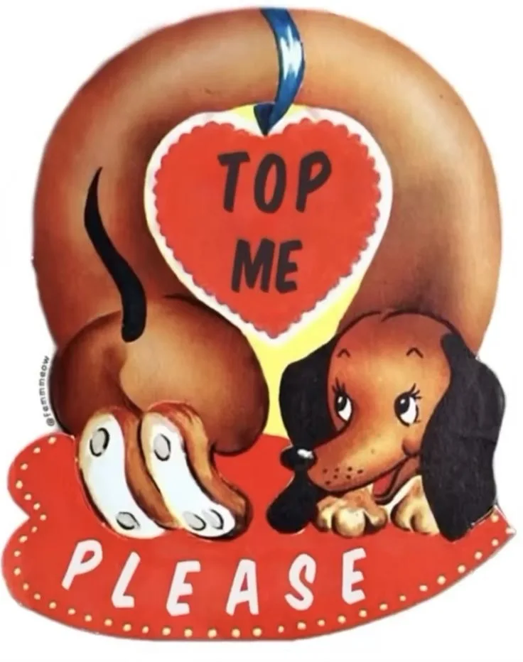 A vintage-style illustration shows a cartoon dachshund lying on its back with its legs in the air, looking up with a…