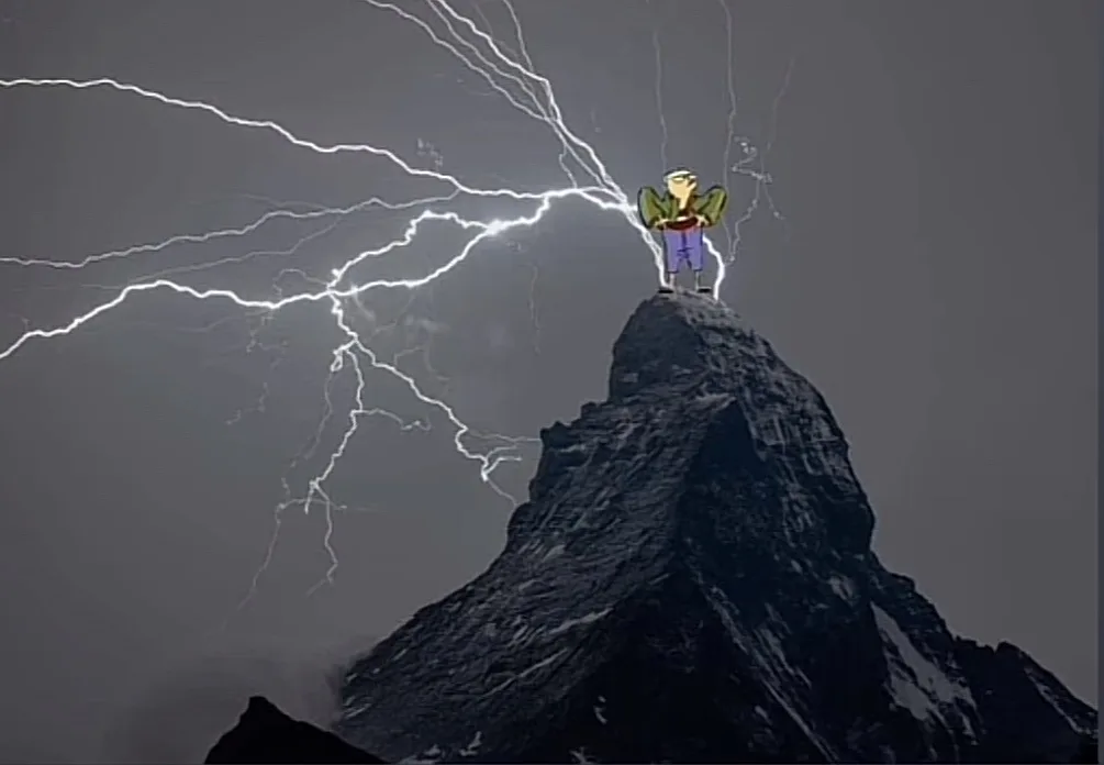 A cartoon character with green wings and purple pants stands atop a dark, jagged mountain peak under a stormy sky filled…