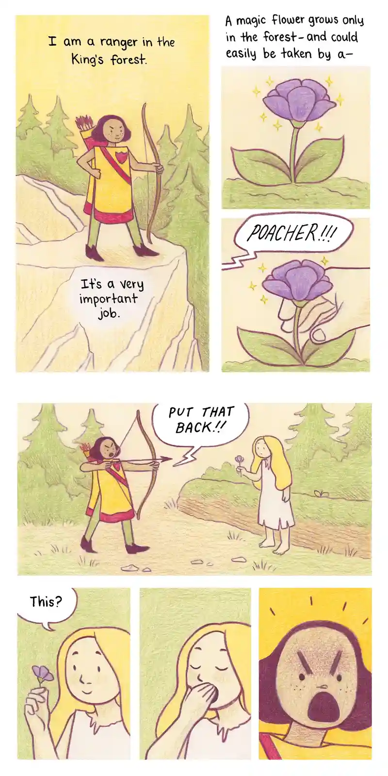A comic strip shows a ranger in the King's forest, who is tasked with protecting a magic flower. When a woman picks the…