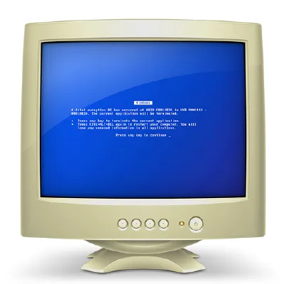 An old beige CRT computer monitor displays a blue screen of death with white text detailing a fatal exception error…