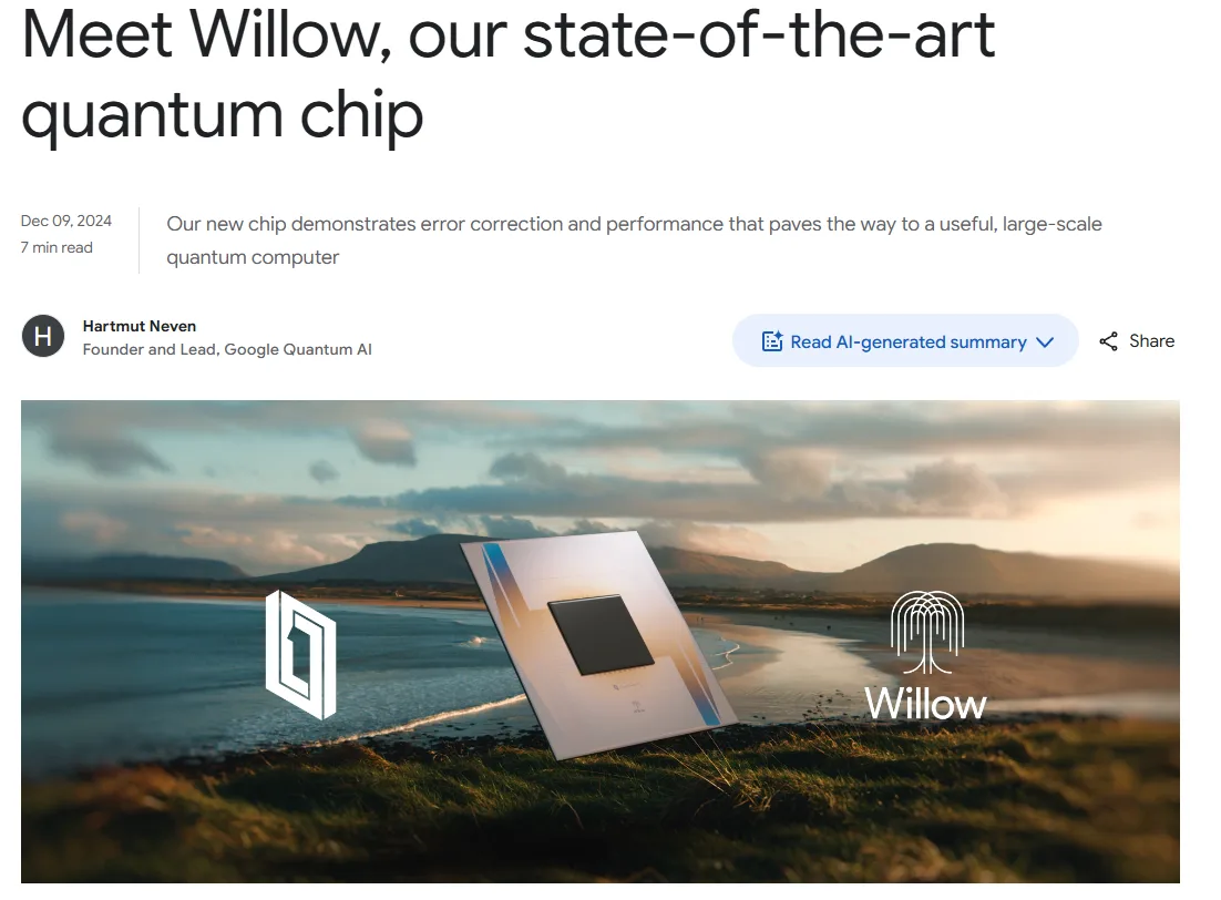An article header shows 'Meet Willow, our state-of-the-art quantum chip' with a photo of a sleek, silver quantum chip…