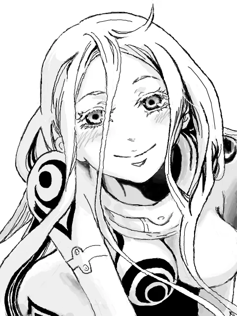 A black-and-white anime-style illustration of a woman with long hair and large hoop earrings, smiling gently while looking…