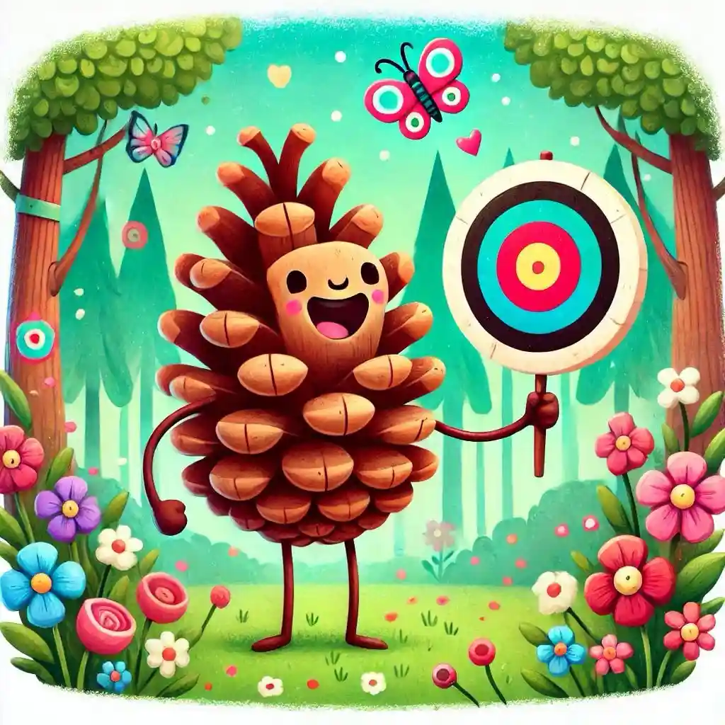 A cheerful, anthropomorphic pinecone with a smiling face, pink cheeks, and stick arms and legs stands in a colorful forest…
