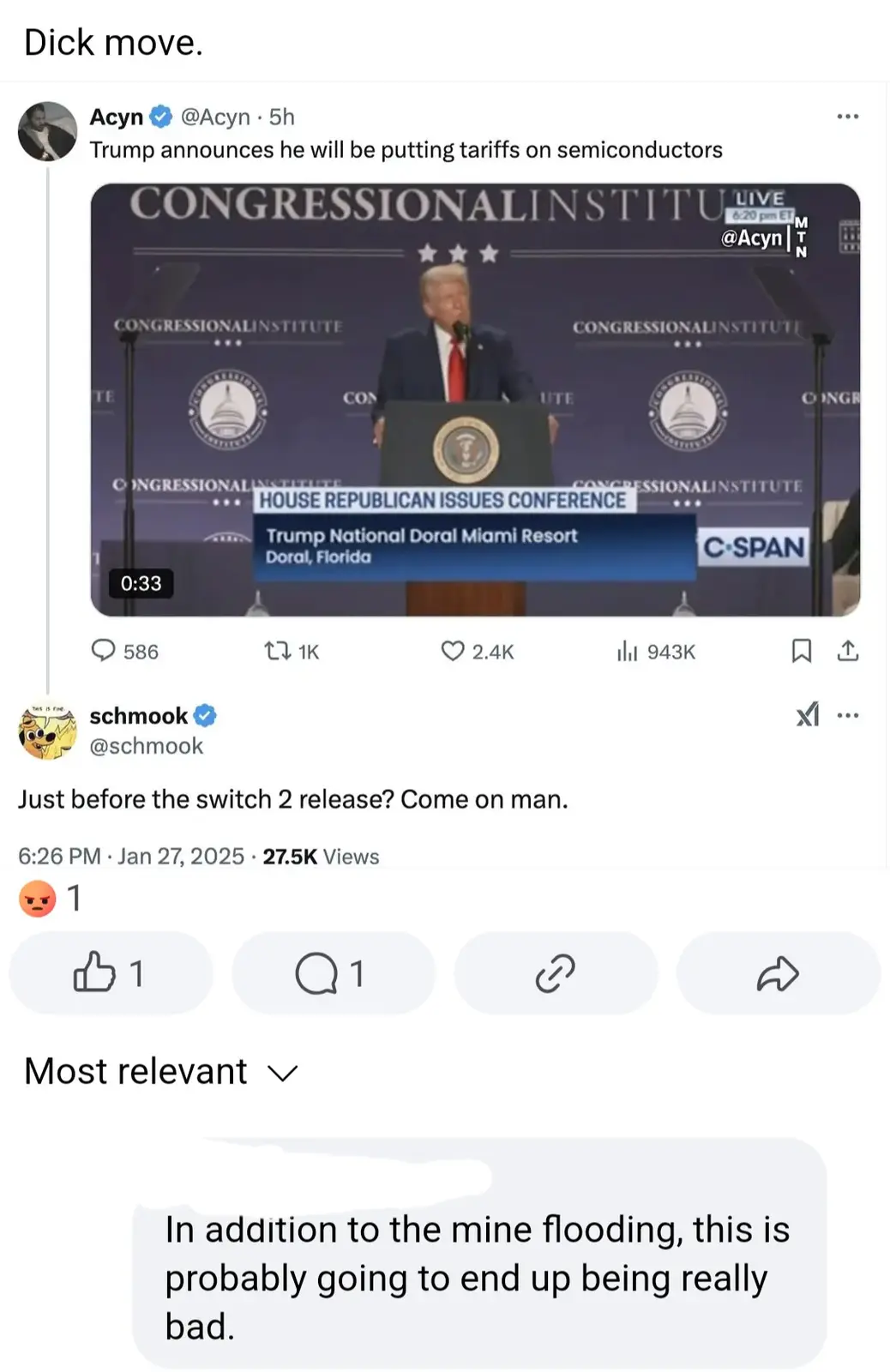 A screenshot of a Twitter post showing Donald Trump speaking at a 'House Republican Issues Conference' at the Trump National…
