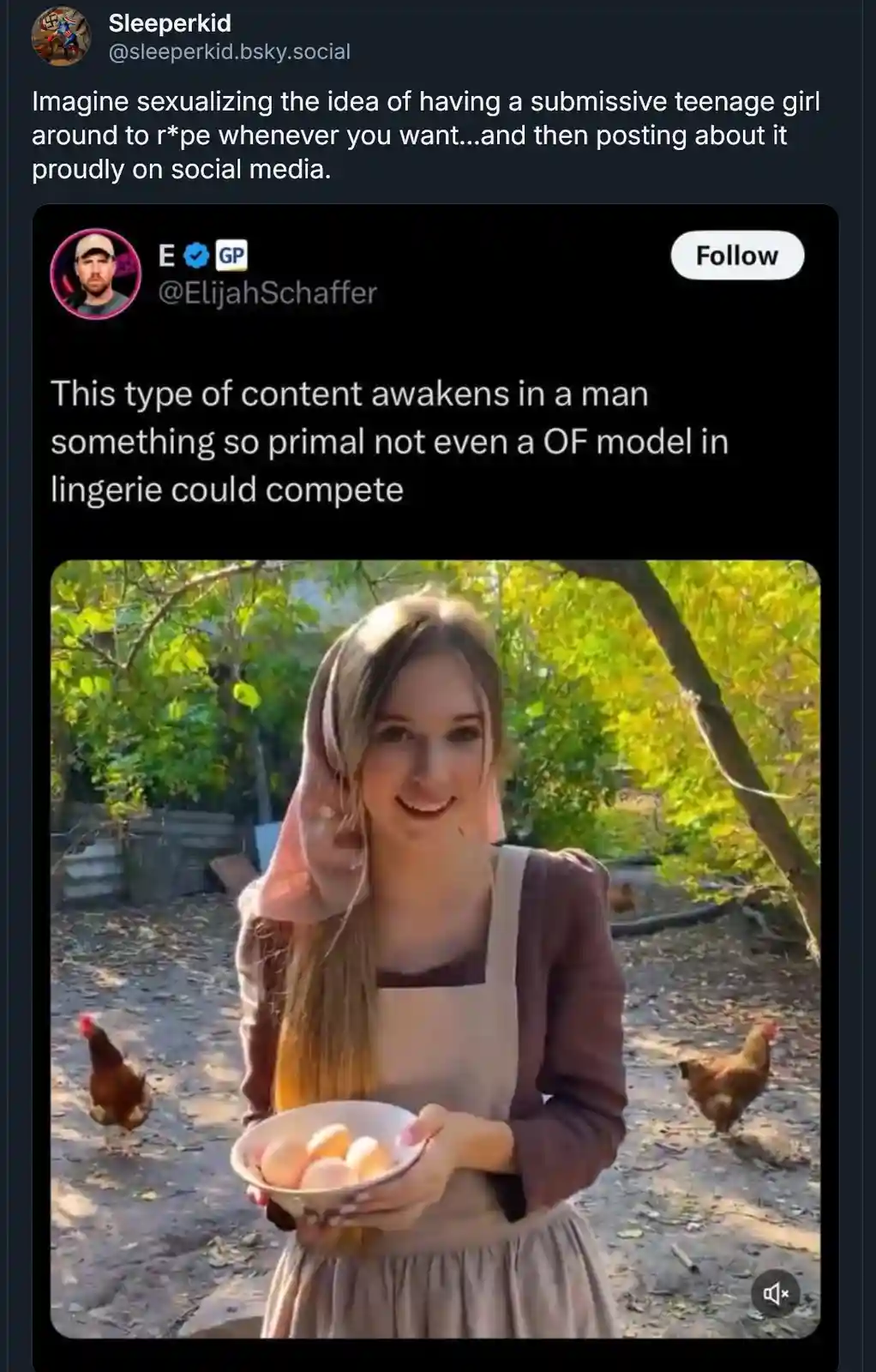 A screenshot of a social media post by Elijah Schaffer, who is shown in a tweet overlaying a photo of a young woman in a…