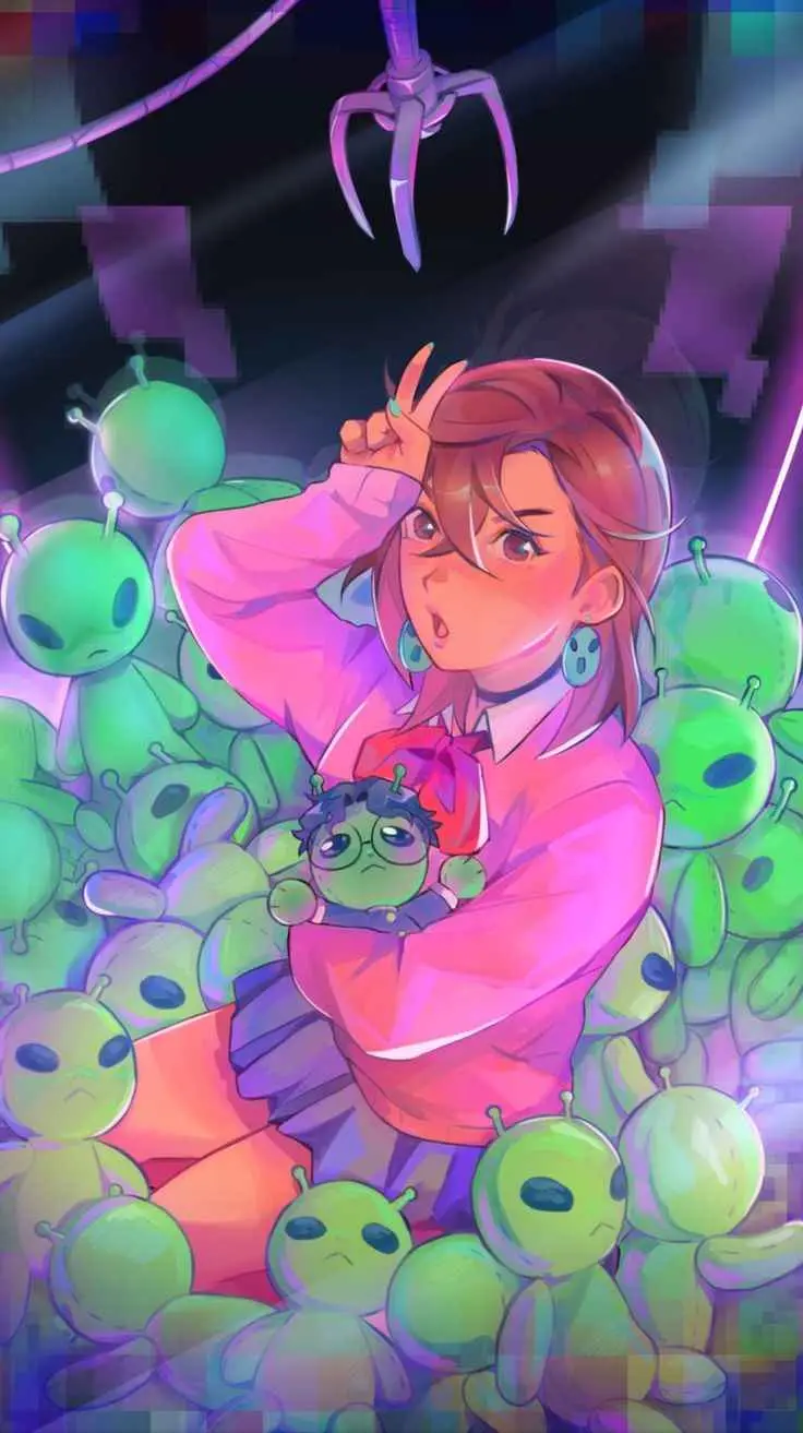 An anime-style girl in a pink outfit holds a small green alien plushie while surrounded by many identical green alien…