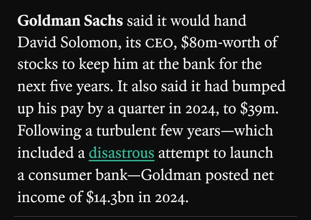 A black background with white text detailing Goldman Sachs' compensation package for CEO David Solomon, including $80…