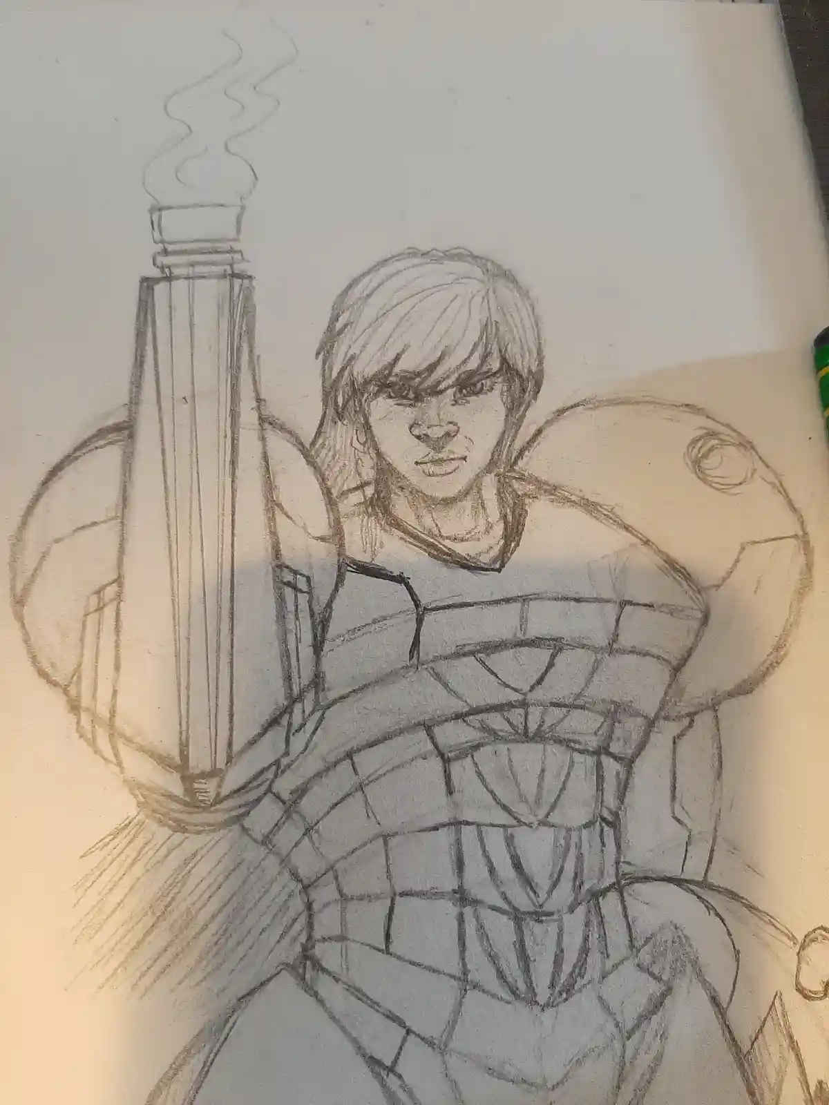 A pencil sketch of a muscular, armored character with short hair, holding a smoking pipe-like object. The drawing is visibly…