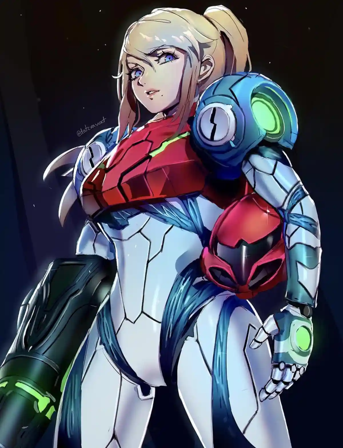 A female video game character with blonde hair in a ponytail, wearing a red and white armored suit with blue accents and…