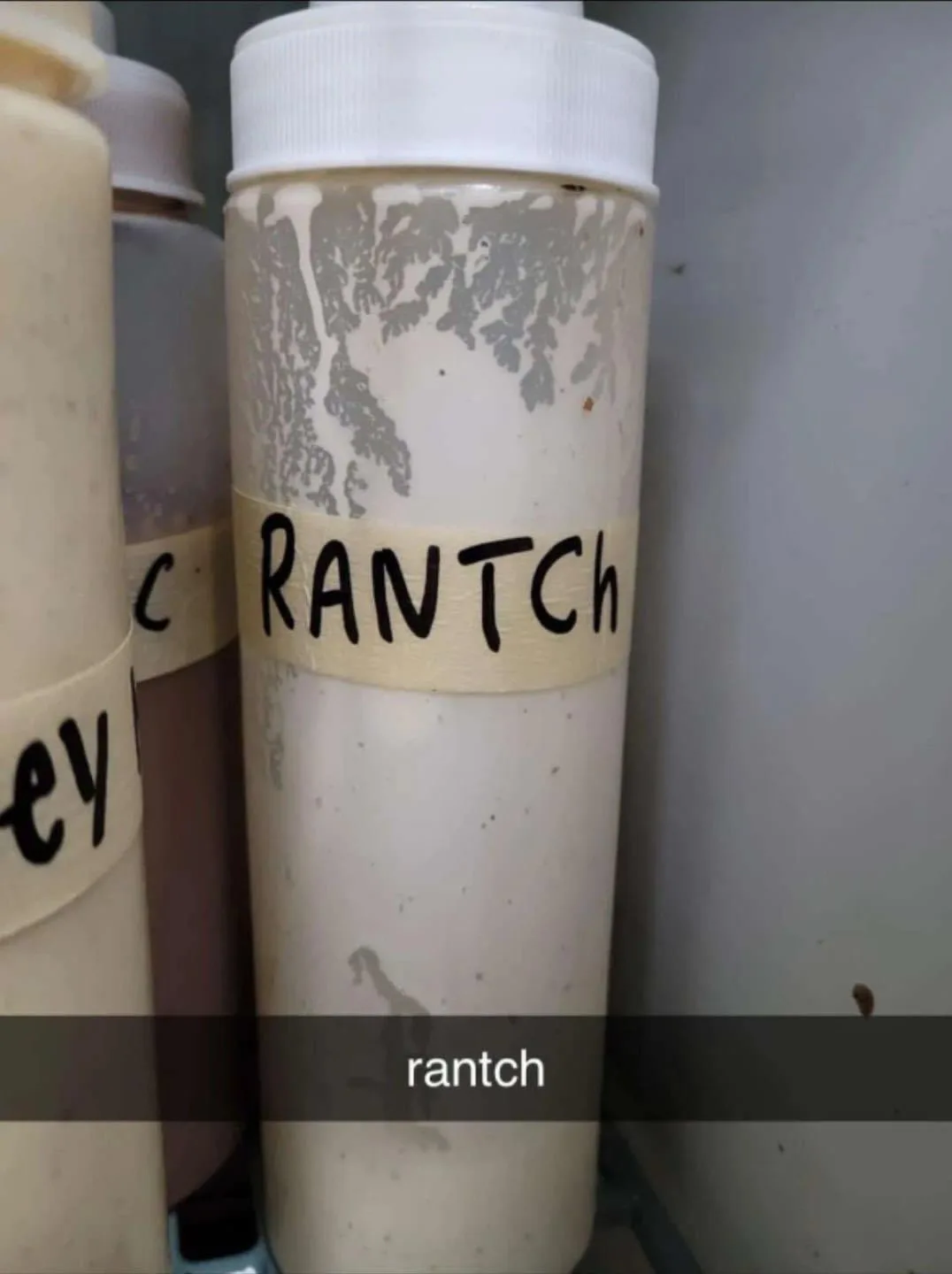 A close-up photo shows a white squeeze bottle filled with a creamy, speckled sauce, likely ranch dressing, with a…